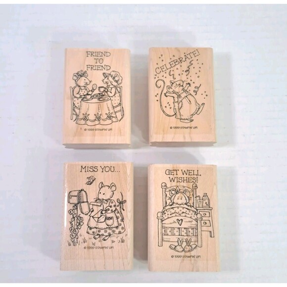 1999 Stampin' Up! 4 Piece Wood Mount Red Rubber Stamp Set Mice Mouse Stamps Lot - Picture 1 of 3